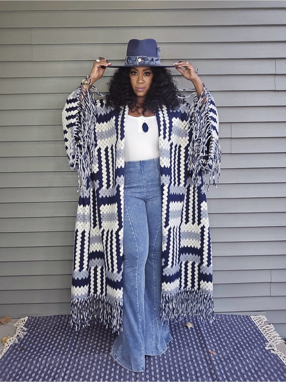 NWT PEACE INSIDE Boho Crochet Kimono Sweater - BLUE